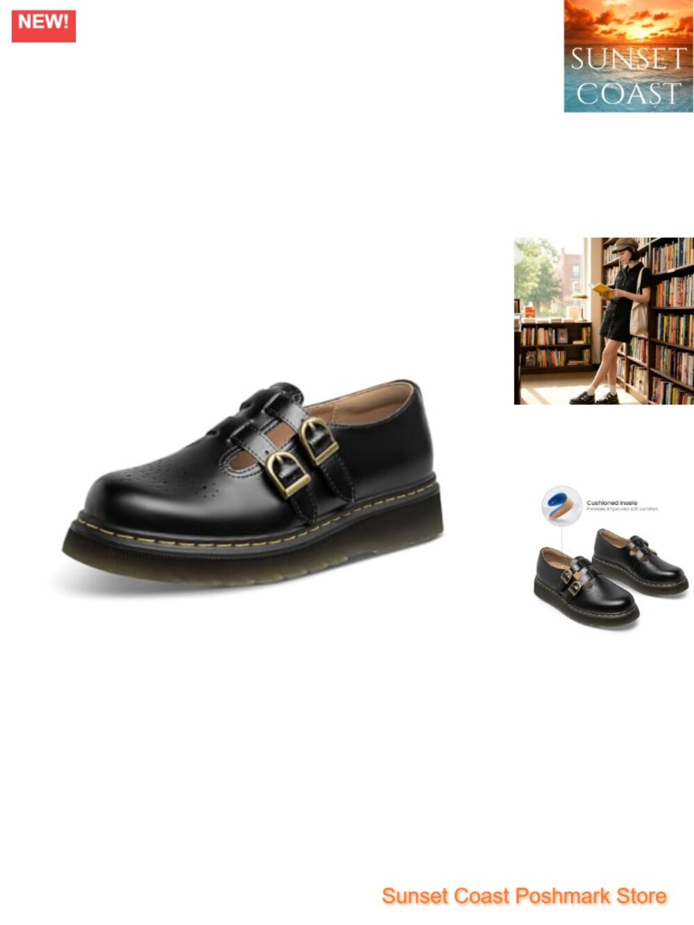 Women's Mary Jane Platform Flats Double Buckle Adjustable PU Leather